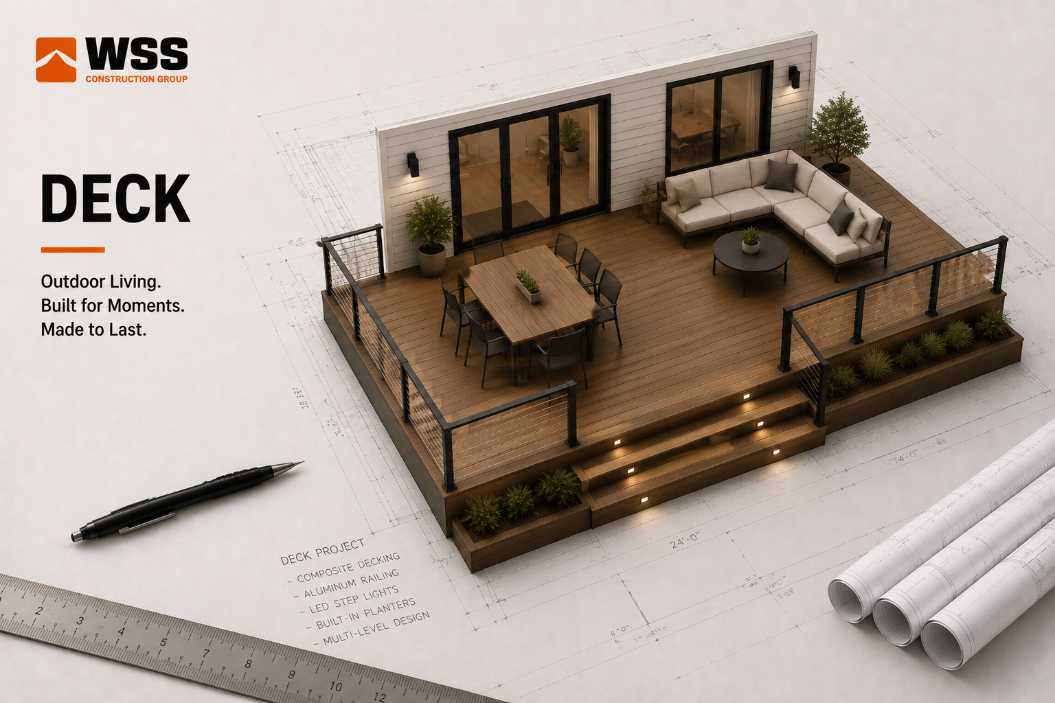 Custom wood deck attached to a residential home