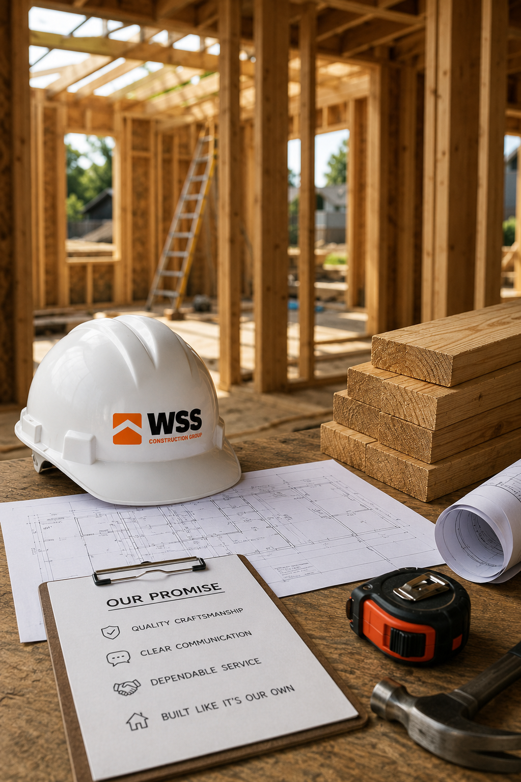 WSS Construction Group hard hat, blueprints and tools on a New England job site